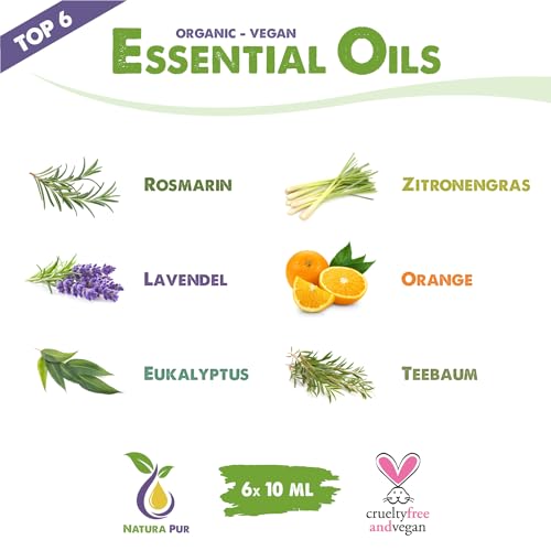 Ätherische Öle Set BIO - 100% naturrein, vegan - Duftöle für Diffuser - Aromaöle für Aromatherapie, 6 x 10ml (Rosmarin, Lavendel, Eukalyptus, Zitronengras, Orange, Teebaum) – Bild 3