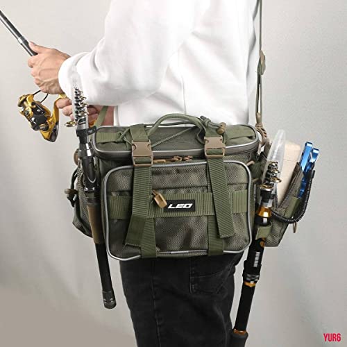 3WAY 大容量 釣りバッグ タックルバッグ 防水性 ロッドホルダー 手持ち ショルダー ウエスト ダブルジッパー 小物 おかっぱり エギング 緑