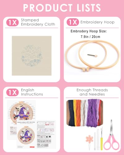 Image of TINDTOP Halloween Embroidery Kit for Adult, Embroidery DIY Starter Kit, with Stamped Patterns, Hoop, Tools, Colorful Threads with Needles, Instructions (Halloween C)