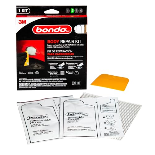 Bondo Body Repair Kit Ready Mix Pouches, Repairs One Large Hole Up to 3' with Patch, 1 Original Filler & Hardener, 1 Fiberglass Filler & Hardener, 1 Self-Adhesive Body Patch, 1 Spreader (BRKIT-2PK-ES)