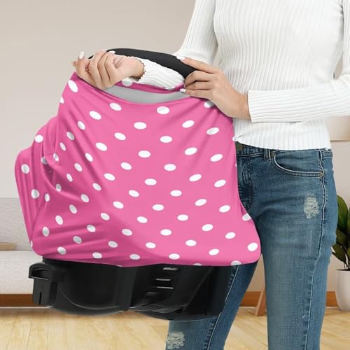 Image of Baby Car Seat Cover, Easy to Install Car Seat Canopy for Girls, Mom Nursing Breastfeeding Covers, Blanket for Infant, Pink Polka Dot