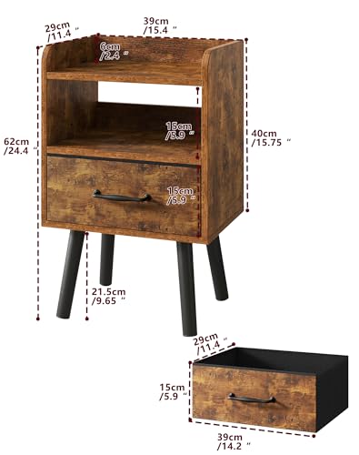 YMYNY Mesita de Noche, Mesa Auxiliar de Sofá, Mesa de Madera, Cajón con Tela Removible, Ripiano Abierto, 39x29x62 cm, para Dormitorio, Salón, Marrón HST021H - imagen 3