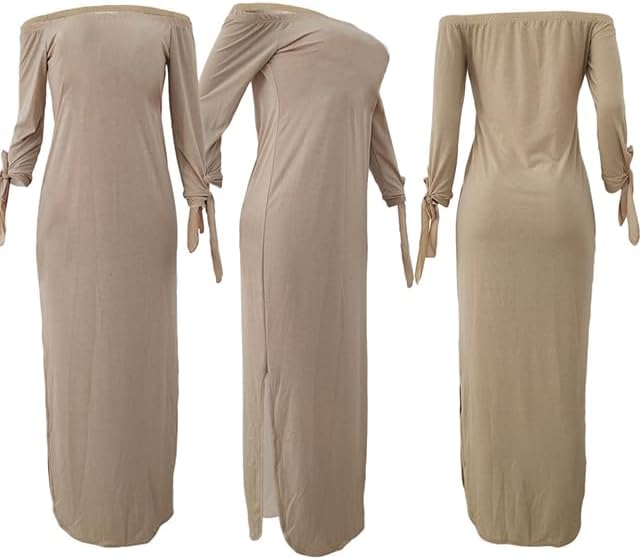 OLUOLIN Women's Casual Letter Print Off Shoulder Long Sleeve Bowknot Sides Slit Loose Long T-Shirt Maxi Dress - Image 4