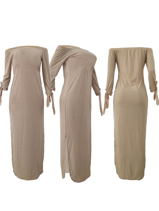 OLUOLIN Women's Casual Letter Print Off Shoulder Long Sleeve Bowknot Sides Slit Loose Long T-Shirt Maxi Dress4