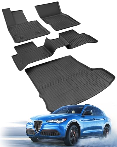 Car Floor Mats for Alfa Romeo Stelvio 2018-2025 (with Subwoofer) All Weather Black Rubber Liners for Cars Full Set Custom Fit Trunk Mat for SUV Accessories for Alfa Romeo Stelvio 2025 2024 2023