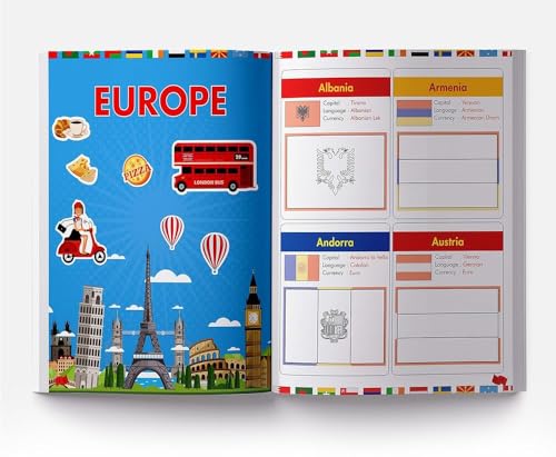 Flags of the World - Sticker Coloring Activity Book For Children : Continent, Country, Capital, Language and Currency