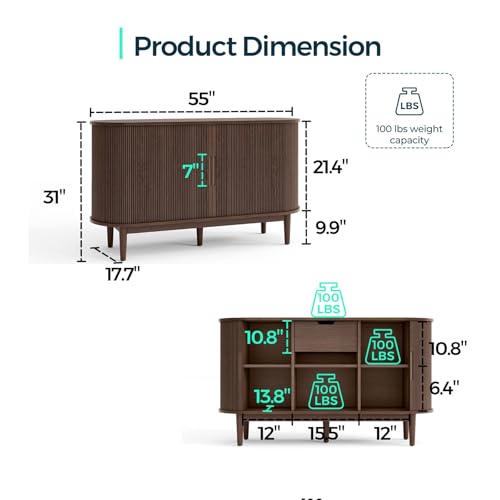 LINSY HOME Sideboard Buffet Cabinet with Storage, 55" Fluted Coffee Bar Cabinet with Tambour Sliding Doors and Drawer, Mid Century Modern Wood Storage Buffet Table for Kitchen, Living Room, Walnut - Image 4
