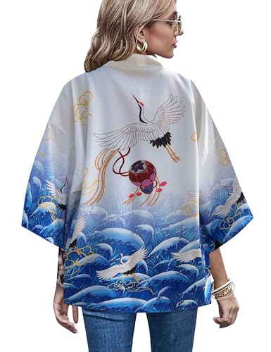 Image of LAI MENG FIVE CATS Women's Floral Print Loose Blouse Japanese Kimono Tops | Puff Sleeve,Cover up Top,Casual Cute Tops,Summer Cardigans 2026