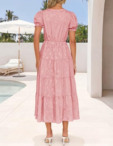 Image of ZESICA Womens Summer Floral Flowy Midi Dress 2026 Puff Short Sleeve V Neck Ruffle Tiered Beach Vacation Party Dresses