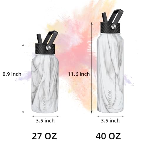 Image of BJPKPK Insulated Water Bottles with Straw Lid, 27oz Stainless Steel Water Bottle with 3 Lids, Leak Proof BPA Free Metal Thermo, Mugs, Tumblers, Keep Cold Hot - White Birch