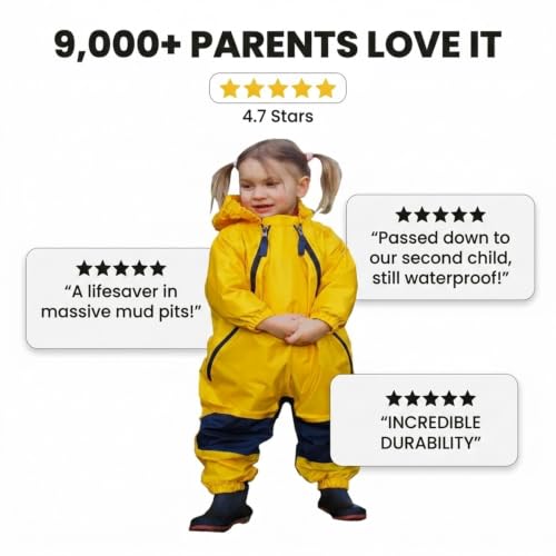 Image of Tuffo Muddy Buddy Kids Waterproof Rain Suit One-Piece Coverall, Dual Zippers, Sealed Seams, Reinforced Knees - Boys & Girls