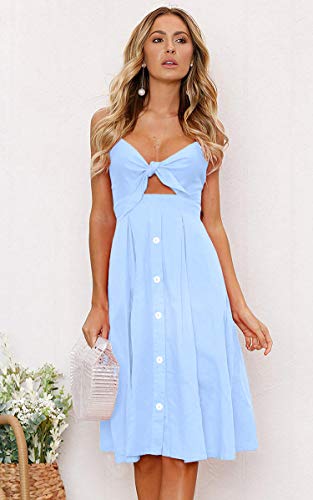 Image of ECOWISH Women 2026 Summer Dresses Tie Front V-Neck Spaghetti Strap Button Down A-Line Backless Swing Midi Dress
