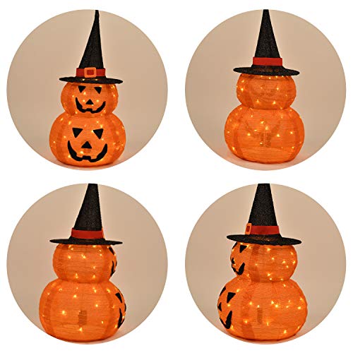 UpdateClassic Lighted Halloween Stacked Pumpkins with Witch Hat, Sturdy Bracket with Built-in LED Lights, Perfect Night Light Halloween Decoration for Indoor Outdoor Living Room Yard Patio