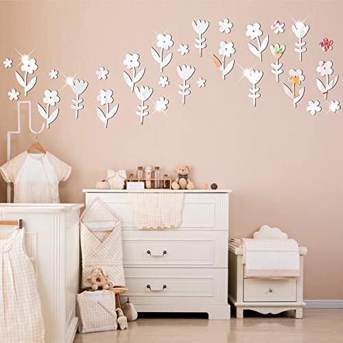 3D Flower Mirror Wall Sticker Floral Wall Stickers For Girls Bedroom Removable Silver Acrylic Mirror Wall Stickers Peel And Stick Wall Decals Art Mural For Living Room Bathroom Classroom Decor #TOP7