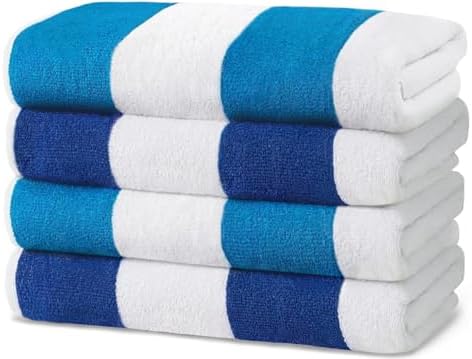 Kaufman - Large Beach Towel | 30" x 60" Terry Cabana Striped Beach Towels | Absorbent, Quick-Drying | 100% Cotton Thick Beach Towels (Blue/Turquoise, 4-Pack)