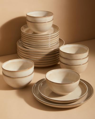 Image of Pokini 24 Piece Dinnerware Sets for 8, Modern Stoneware Plates and Bowls Setst, Perfect for Family Gatherings & Holiday Celebrations, Easy Cleaning Dishes Set, Stack Compactly Dishware, Mocha Beige