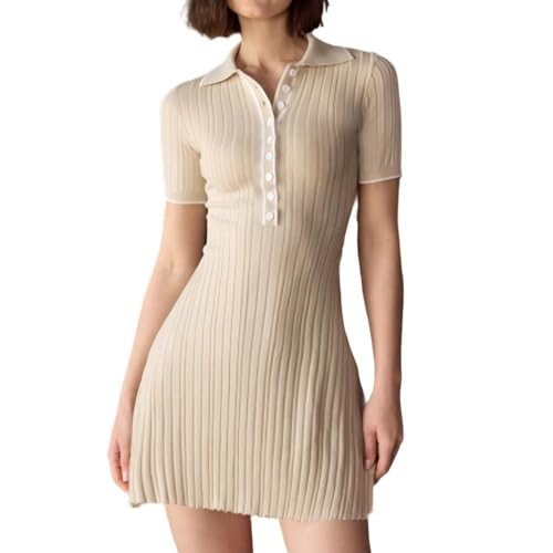Women's V Neck Ribbed Knit Mini Dress Short Sleeve Button Bodycon Slim Fit Casual Sweater Dresses 2025