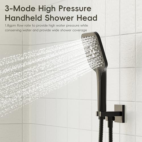 Image of Gabrylly Shower System with Tub Spout, Wall Mounted Tub Shower Faucet Set for Bathroom with High Pressure 10 inch Rain Shower head and 3-Setting Handheld Shower Head Set,Matte Black