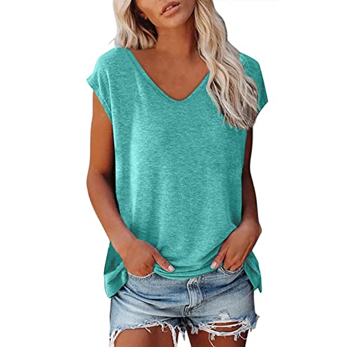 Ladies T Shirts Casual Short Sleeve Loose V-Neck T-Shirt Plain Basic Tees Breathable Lightweight Cotton Summer Shirts Dressy Going Out Top Blouse Tunic Womens Tops UK Green XL