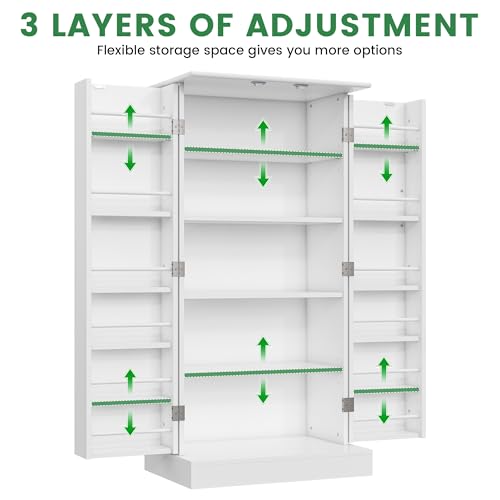 kepptory 47\" Tall Kitchen Pantry Cabinet, Snow-White Pantry Storage Cabinet with Adjustable Shelves, Barn Doors and Drawer Farmhouse Cupboard for Kitchen, Dining Room, Bathroom (16\" D x 24\" W x 47\")