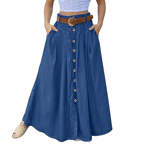 YHANNI Saias compridas mulher verão botão de mulher patchwork saias compridas com estilo uma linha vestidos compridos de cintura, c