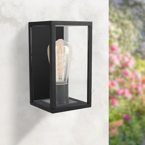 M Ledme - Aplique de Pared Exterior Serie Ducte – IP44 Impermeable, Casquillo E27, Lámpara de Acero y Cristal Negro, para Fachadas, Jardín o Entrada (Bombilla No Incluida)