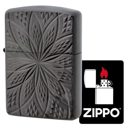 KAJIKAWA(カジカワ) Zippo ジッポ ライター 防風 真鍮製 アーマーzippo ダイヤモンドカット ブラックニッケルメッキ 両面加工 特製ステッカー付き ブラック D/C BLOOM II (B)