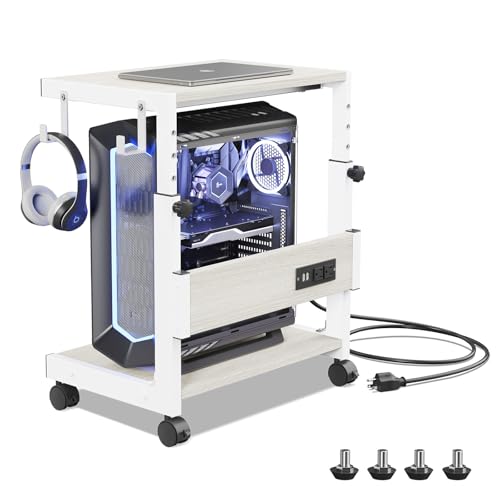 Hovadova Computer Tower Stand with Charge Station and USB Charging Port - Height Adjustable PC Tower Stand, Under Desk CPU Holder Cart with Locking Caster Wheels for Fits Most PC