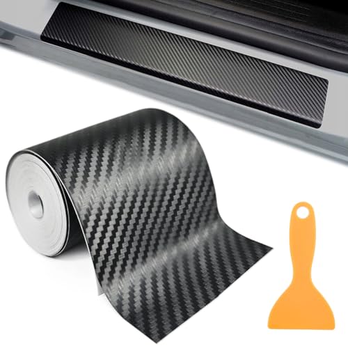 10 cm x 3 m Fibre de Carbone Autocollant, Anti-Rayures Protection Seuil de Porte Voiture avec Grattoirs en Plastique, Imperméable Noir Film Carbone Voiture, pour Plupart des Voitures, Vélo, Moto
