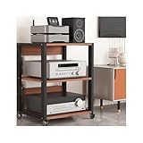 HiFi AV-Regal mit Rädern, mobiler Audio-Tower, verstellbar, 3-stöckig, hölzerner Stereo-Ständer, audiovisuelles Regal für Plattenspieler und Fernseher (Finish)