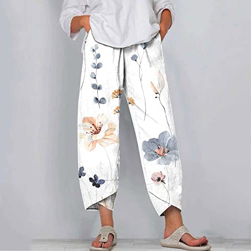Yuzhih Retro Women Linen Harem Pants With Pockets Boho Comfy High Waist Dragonfly Print Loose Capri Pants Palazzo Trouser(Xx-Large,17-White) #TOP1