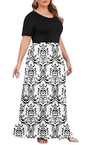 Image of KARALIN Women Plus Size Maxi Dress Short Sleeve Round Neck Loose Fit A-Line | Plus Size Long Dress,Summer Casual Maxi Dresses,Short Sleeve,Side Pockets,Round Neck,Elastic Waist,14 Plus - 26 Plus