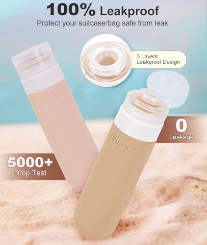 Image of Quatish Travel Bottles for Toiletries, Original Patented Leak Proof Travel Size Containers, 3 oz Tsa Approved Silicone Shampoo and Conditioner Bottles, 4 Pack, Brown