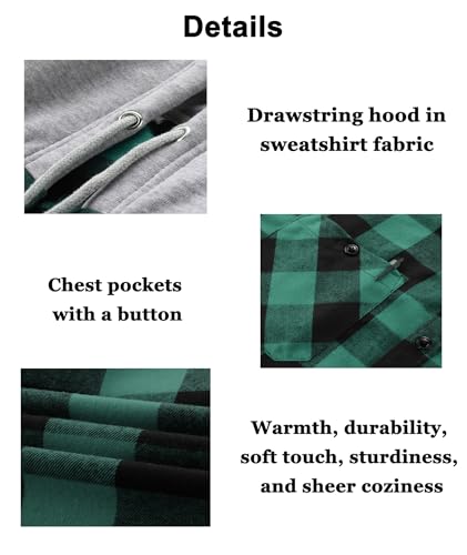 Image of Hooded Flannel Shirts for Men Plaid Long Sleeve Flannel Jacket Hoodies | Button-Down, Lightweight Coat, Classic Plaid Shirts with Hood, Flannel Hoodies with Pocket