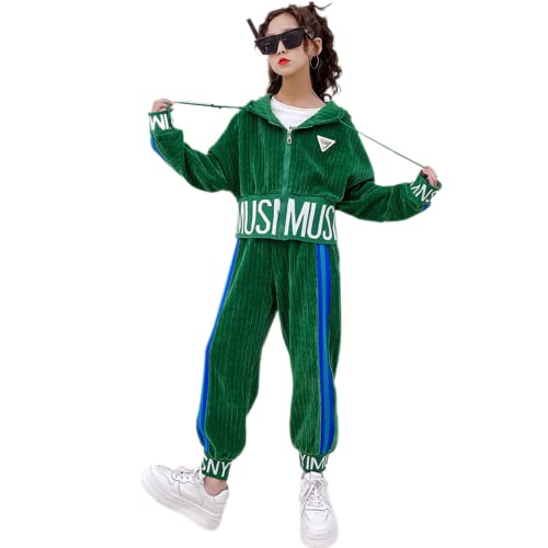 BNVN Survêtement Fille Encapuchonné Sweat à Capuche Ensemble De Sport, 2 Pièces Veste Pantalon De Sport Sweat, Shirt Zippé Vêtement De Printemps Automne Costume -Green||170cm Cover
