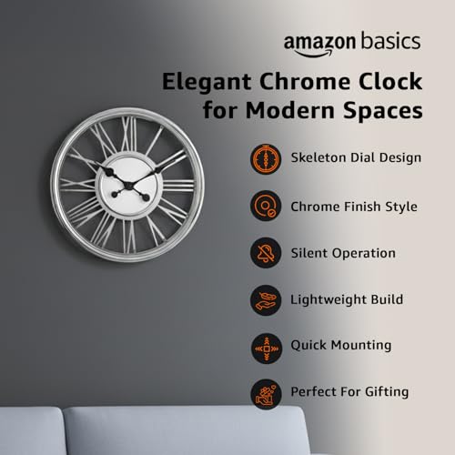 Image of Amazon Basics Large Plastic Wall Clock with Chrome Finish, Skeleton Dial Design, Lightweight & Durable, 44 cm Diameter x 5.7 cm Width, Ideal for Living Room - Silver