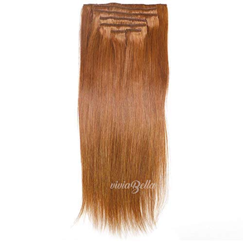 viviaBellaClip in Hair Extensions Human Hair Brazilian Virgin Hair Double Weft Full Head Straight 7 Pieces/set (120g 16", Copper Red)