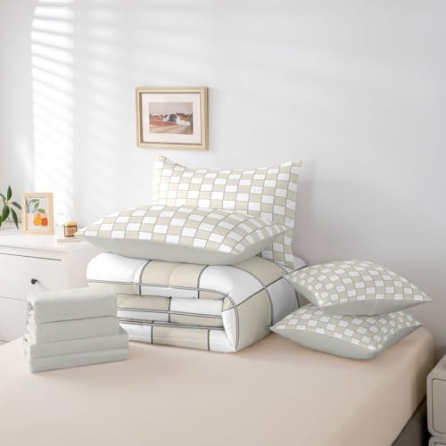 Image of Erosebridal Plaid King Comforter Set with Sheets 7 Piece Beige White Checkerboard Bed in A Bag Geometric Checkered Bedding Sets for Kids Adults,Aesthetic Grids Bed Set