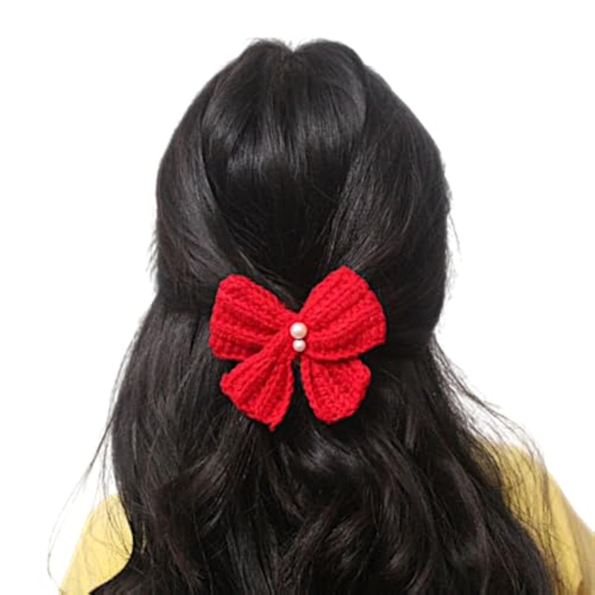 Red Woollen Hair Bow with Pearl Beads for Girls