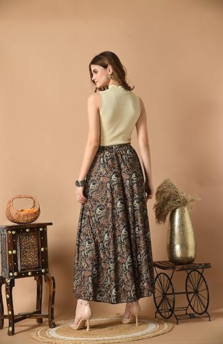 Image of VAGISHA Women's 4-Metre Flared Long Skirt | Skirts for Women Long Length | Long Skirts for Girls | Ethnic & Boho Printed Wear with Elastic Waist | Perfect for Party, Festive & Casual Look