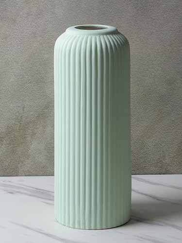 Image of KREATIVE ART'S Modern Ribbed Design Ceramic Flower Vase for Living Room, Flower Pots for Artificial Flower, Home Decoration Item, Home Decor, Vases for Living Room (Light Green, Large)