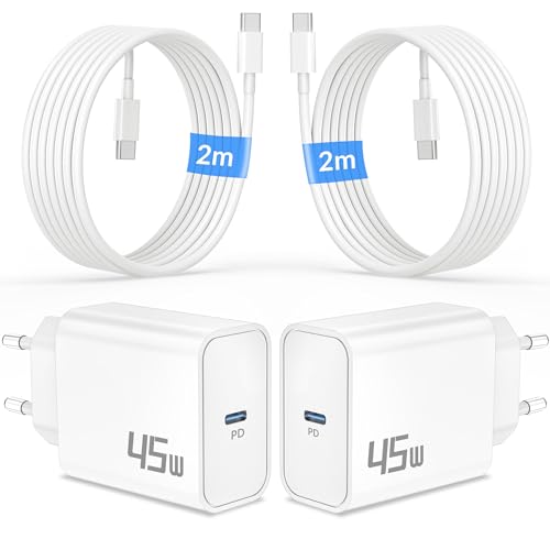 45W Ladegerät USB C Schnelladegerät Ladekabel für iPhone 17e 17 16 16e 15 Pro Max, iPad 11 10 A16 Air 2026, Samsung S26 S25 S24 Ultra, Pixel, Charger Netzteil + Schnellladekabel 2M Kabel, 2-Pack
