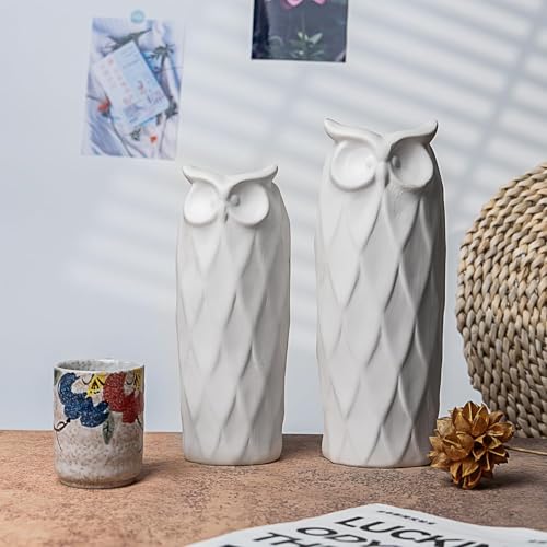 Image of PUREZENTO SnowOwl White Ceramic Donut Vase 8.27 & 9.45 Inch - Set of 2 | Decorative Owl Shape Sculptural Vase for Dried & Fresh Flowers | Vases for Modern Home Decor, Living Room, Office Decor Ideas