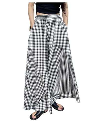 GORGLITTER Women's Wide Leg Gingham Pants Checkered Elastic High Waisted Baggy Casual Palazzo Pants Trousers Work Office