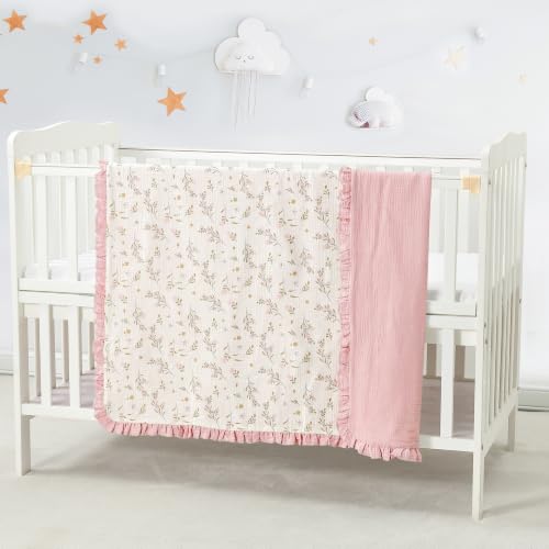Image of CREVENT 40''X40'' 100% Organic Cotton Muslin Baby Blanket for Newborns, Essential for Baby Shower Birthday Gift - Flower with Trim100X100cm