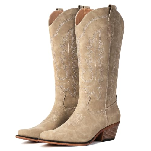 Image of Women's Pointed Toe Mid Calf Cowboy Boots - Cowgirl Boots with Chunky Heel