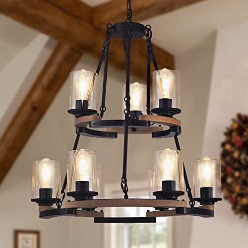 Fabulis 9-Light Wagon Wheel Chandelier, Farmhouse Dining Room Light Fixtures, Vintage Wood Light Chandeliers For Entryway Living Room Bedroom Foyer Hallway (9-Light/Wood, With Glass Shade) #TOP6