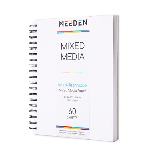 MEEDEN Blocco di carta mista: 20,3 x 25,4 cm, 50,8 kg/165 g/m², rilegatura a spirale, con copertina fai da te, 60 fogli di carta da disegno artistico, blocco per schizzi, per artisti e adulti, pittura