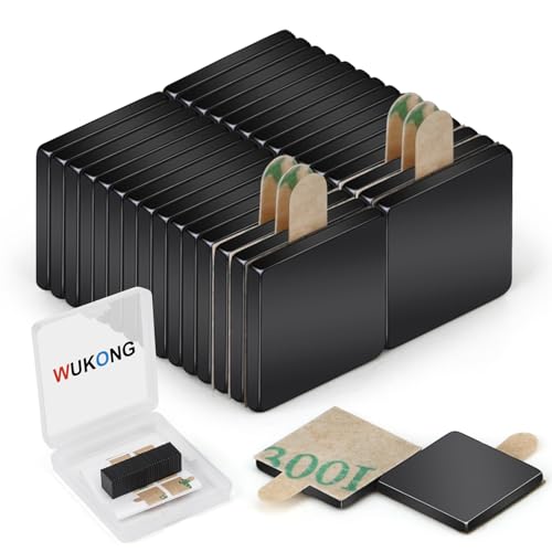 Wukong 10 x 10 x 1 mm imanes de neodimio autoadhesivos, 30 unidades de mini imanes de agarre fuerte, imanes negros pequeños, imanes adhesivos para pizarras magnéticas de cristal, oficina y pizarra de