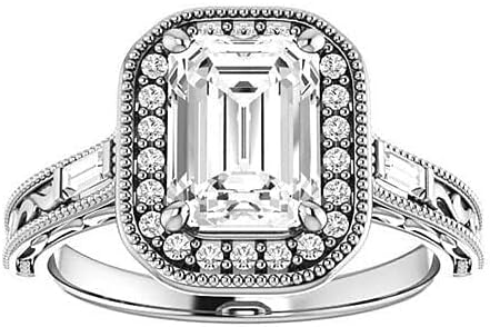 GOLDEN JEWEL Emerald Cut Moissanite Promise Rings Set Colorless Solitaire Halo Engagement Wedding Rings Handmade Propose Gift for Her, 925 Silver/10K/14K/18K Gold
